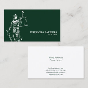 Carte De Visite Illustration de Lady Justice sur fond vert foncé