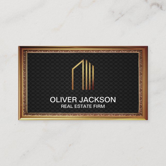Carte De Visite Immobilier | Bordure d'or antique | Maillage noir (Devant)