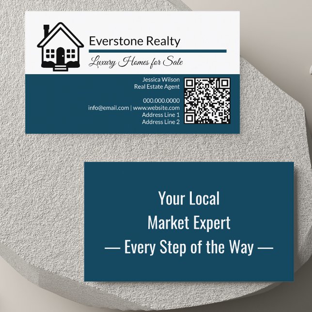 Carte De Visite Immobilier de code QR professionnel (Modern real estate business card with home logo, QR code, custom details & catchy back hook design.)