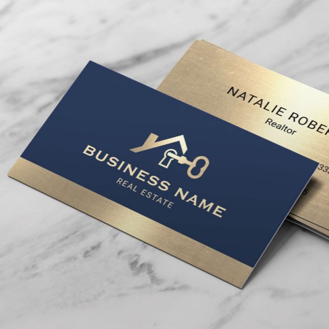 Carte De Visite Immobilier Maison & clé Logo Marine & Gold Realtor (Créateur téléchargé)
