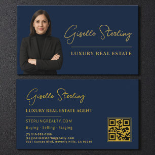 Carte De Visite Immobilier Marine Bleu Or QR Code Script Luxe