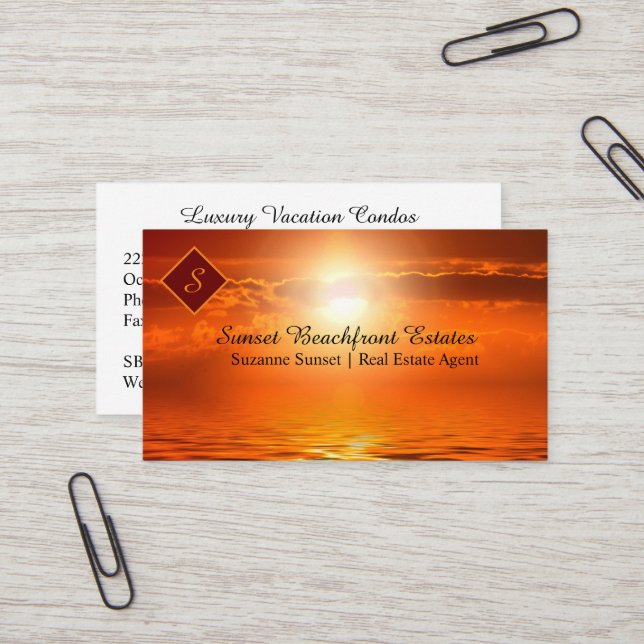 Carte De Visite Immobilier Monogramme Orange coucher de soleil en  (Devant/Arrière en situation)