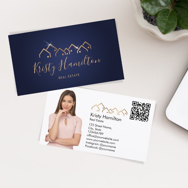 Carte De Visite immobilier professionnel ajouter photo code QR (gold roof house realtor logo)