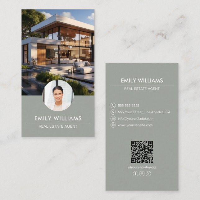 Carte De Visite Immobilier Sage Vert Photo QR Code Médias sociaux (Devant / Derrière)