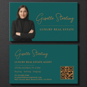 Carte De Visite Immobilier Turquoise cuivre QR Code Script Luxe