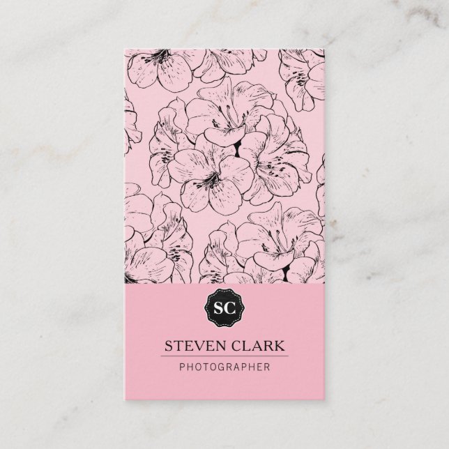 Carte De Visite Impression florale / Monogramme (rose) (Devant)