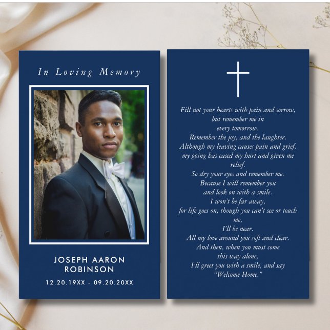 Carte De Visite In Love Memory Photo Funeral Blue Prayer Card (Créateur téléchargé)