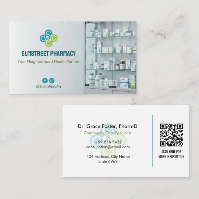 Carte De Visite Independent Pharmacy | Modern Minimalist Barcode (Devant / Derrière)