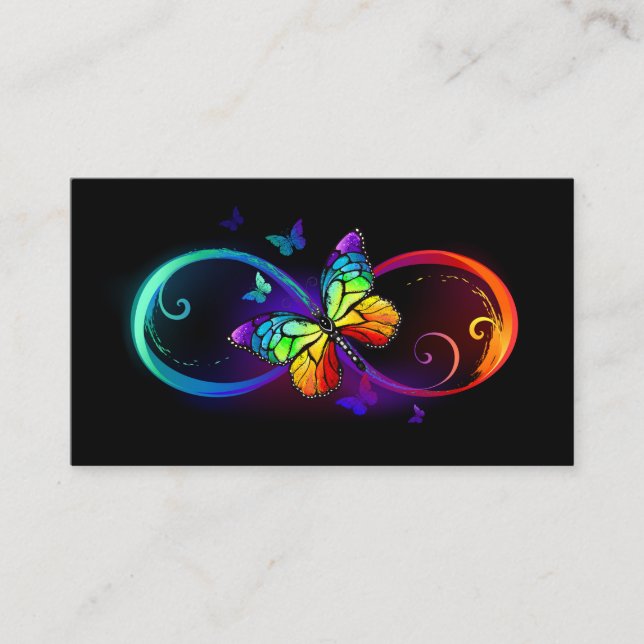 Carte De Visite Infini vibrant avec papillon arc-en-ciel sur noir (Devant)