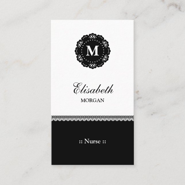 Carte De Visite Infirmière Élégante Lace Noire Monogramme (Devant)