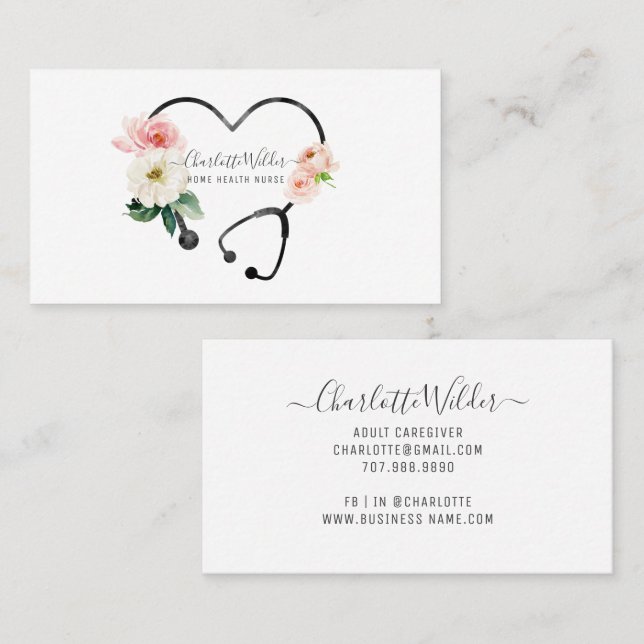 Carte De Visite Infirmière en santé Aide soignante Stethoscope flo (Devant / Derrière)