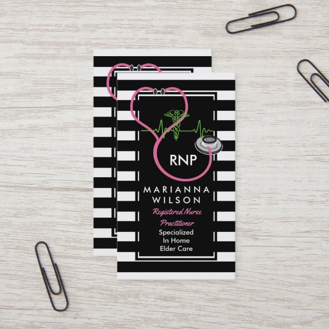 Carte De Visite Infirmière moderne à rayures (Devant/Arrière en situation)