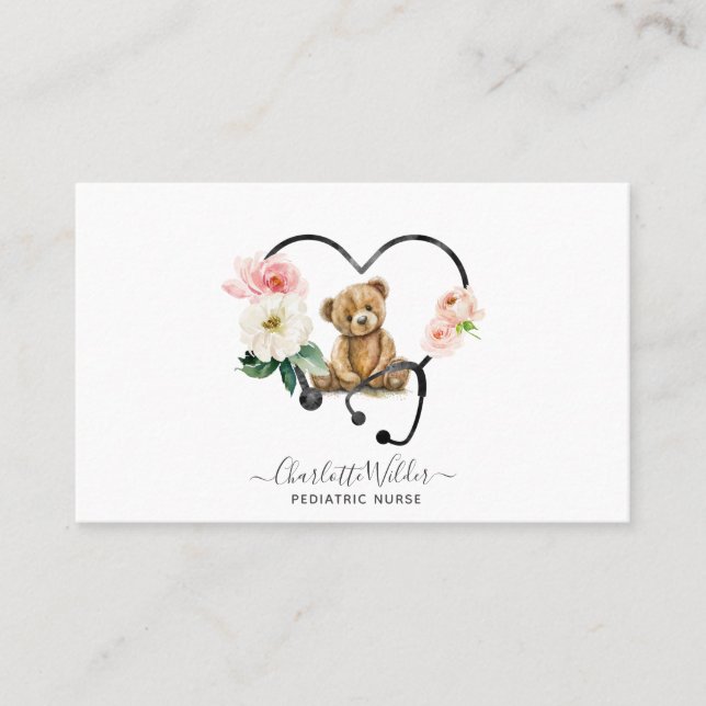 Carte De Visite Infirmière pédiatrique Teddy Ours Floral Stethosco (Devant)