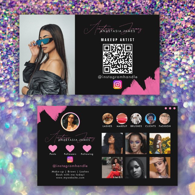 Carte De Visite Influencer Black & Pink Social Media Code QR (Influencer Black & Pink Social Media QR Code Business Card)