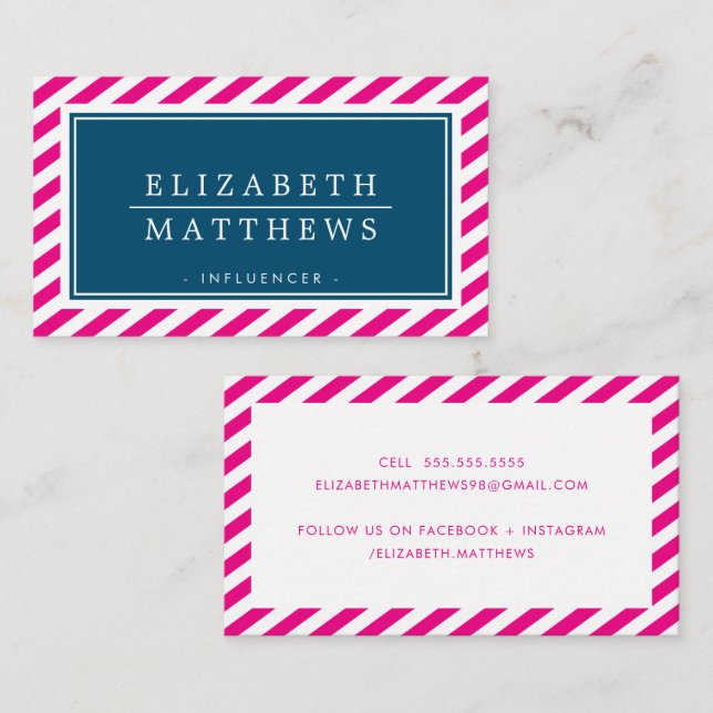 Carte De Visite INFLUENCER MODERNE style frise rose marine blanc (Devant / Derrière)