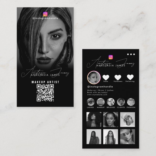 Carte De Visite Influencer Photos Black White Social Media QR Code (Devant / Derrière)