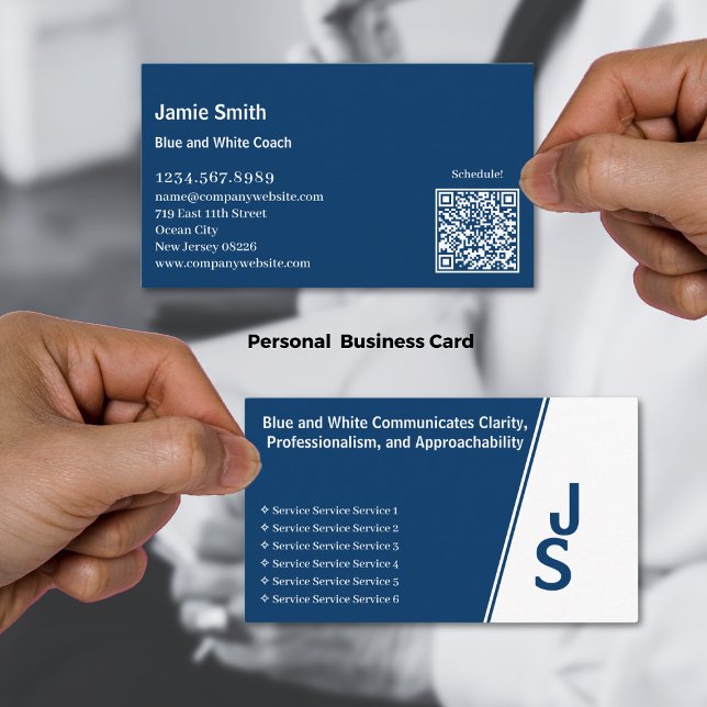 Carte De Visite Initiales asymétriques modernes bleu et blanc pers (Modern Asymmetric Initials Blue & White Personal Business Card)