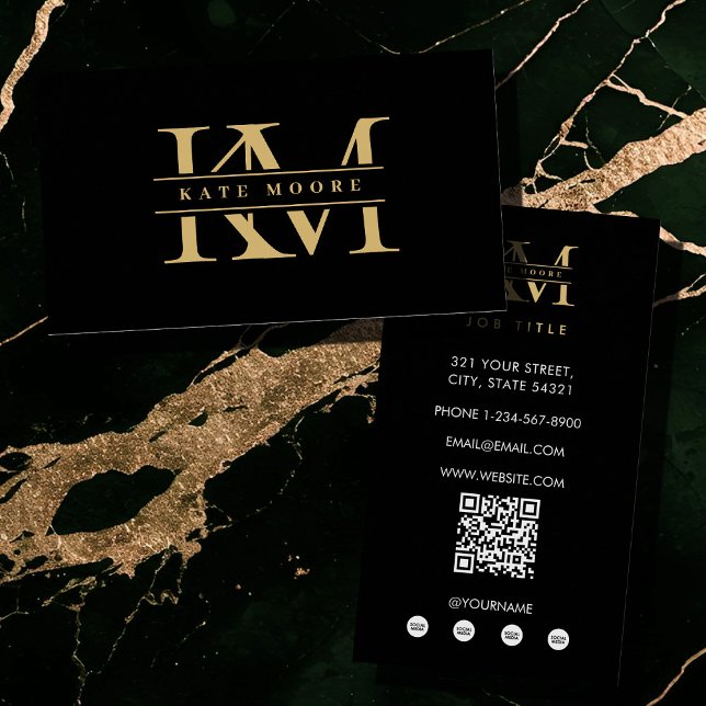 Carte De Visite Initiales de monogramme moderne professionnel noir (Modern Monogram Initials Professional Black Gold Business Card)