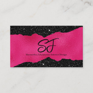 Carte De Visite Initiales de monogramme sur noir luxueux et rose c