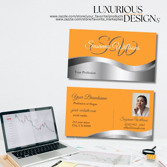 Carte De Visite Initiales et photo de déco argentée orange classiq (Créateur téléchargé)