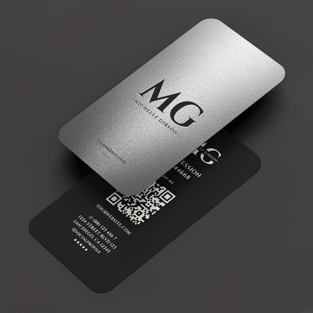 Carte De Visite Initiales minimes en argent professionnel (Professional Silver Black Minimal Initials Business Card
)