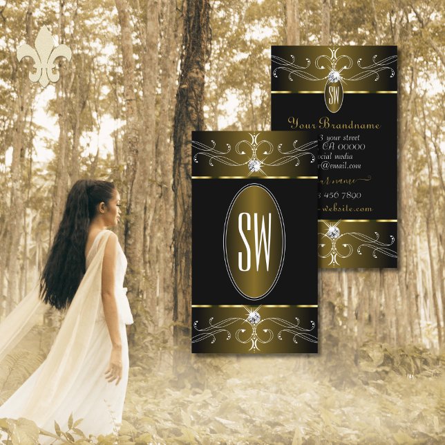 Carte De Visite Initiales ornementales luxueuses en or et noir (Créateur téléchargé)