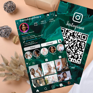 Carte De Visite Instagram Cute Green Marble QR Code Médias sociaux