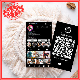 Carte De Visite Instagram Hair Stylist Black QR Code Social Media