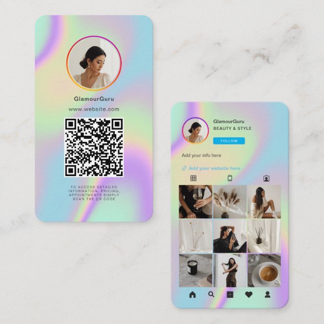 Carte De Visite Instagram Holographic QR Code 10 Grille photo (Devant / Derrière)