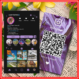 Carte De Visite Instagram LUXURY Agate de marbre noir et violet QR