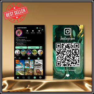 Carte De Visite Instagram LUXURY Vert & Noir Marbre Agate QR