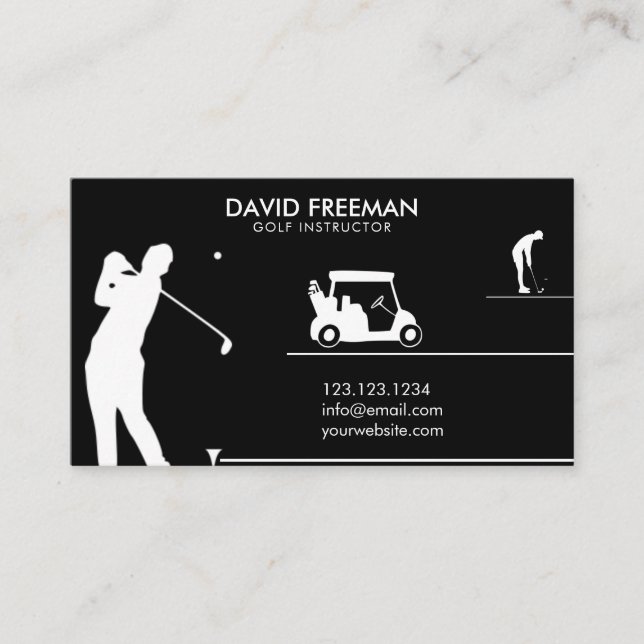 Carte De Visite Instructeur de golf moderne Golfer & Panier Noir (Devant)