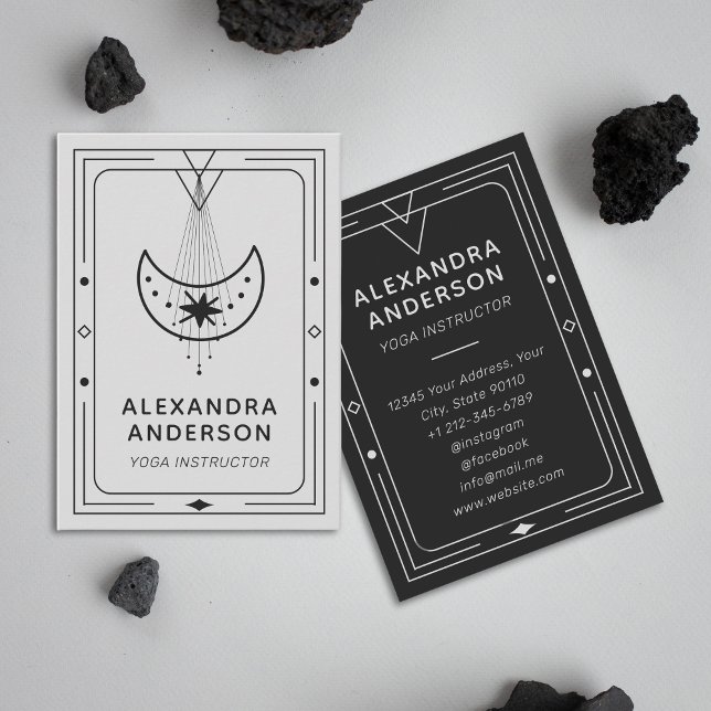 Carte De Visite Instructeur de Yoga de lune de croissant céleste g (Geometric Celestial Crescent Moon Yoga Instructor Business Card)