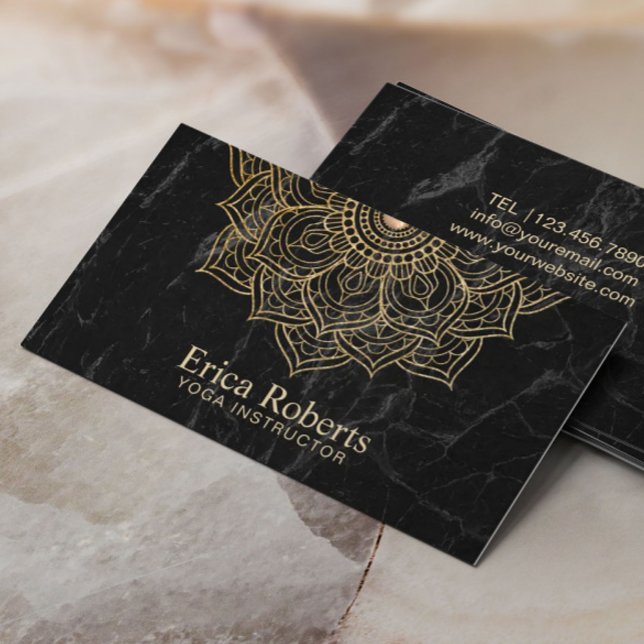 Carte De Visite Instructeur de Yoga Gold Lotus Mandala Marbre noir (Créateur téléchargé)
