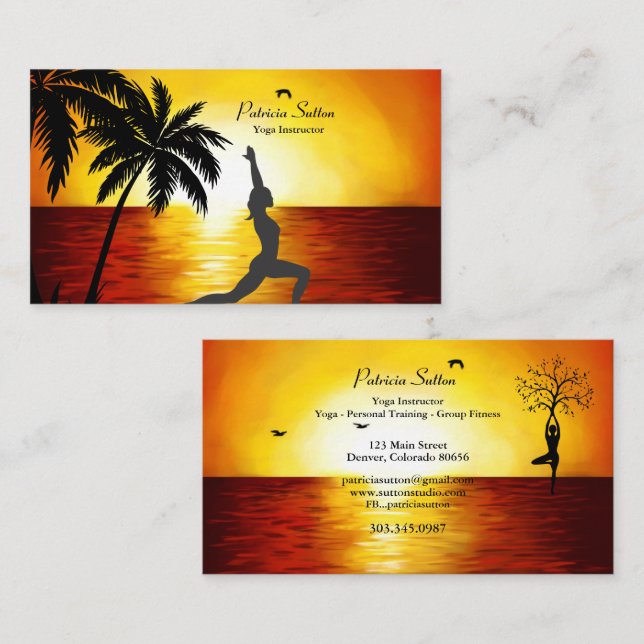 Carte De Visite Instructeur de Yoga Palm Trees Ocean Sunset Silhou (Devant / Derrière)