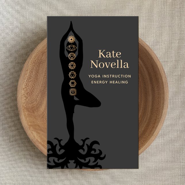 Carte De Visite Instructeur de yoga, Pose d'arbre, Chakras d'or no (Créateur téléchargé)