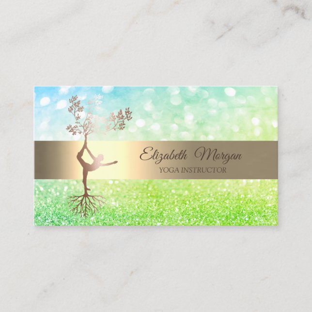 Carte De Visite Instructeur de Yoga Silhouette de Green Bokeh Gold (Devant)