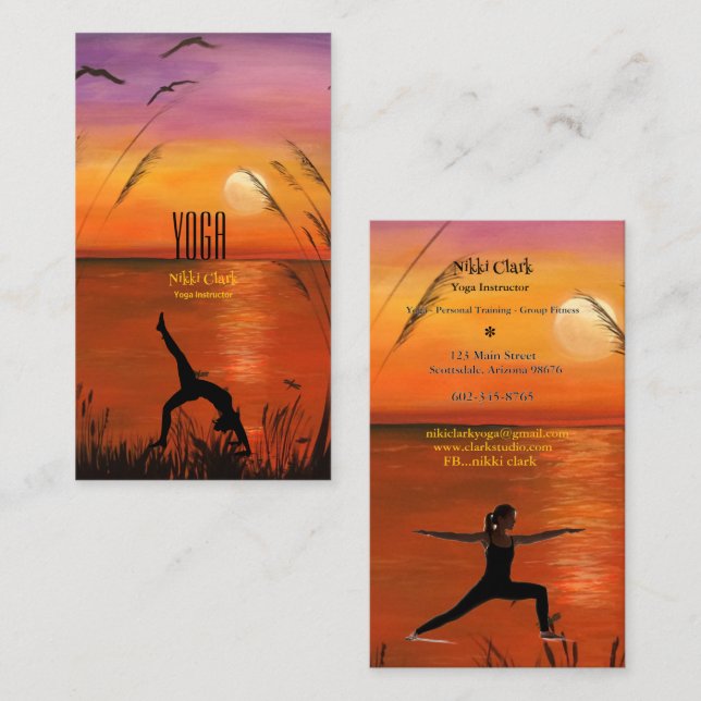 Carte De Visite Instructeur de Yoga Silhouette Pose coucher de sol (Devant / Derrière)