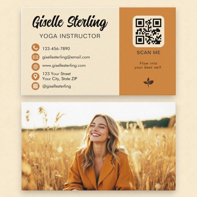Carte De Visite Instructeur de yoga Yellow Orange QR Code Photo (Créateur téléchargé)