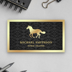 Carte De Visite Instructeur d'équitation Black Damask Gold Foil