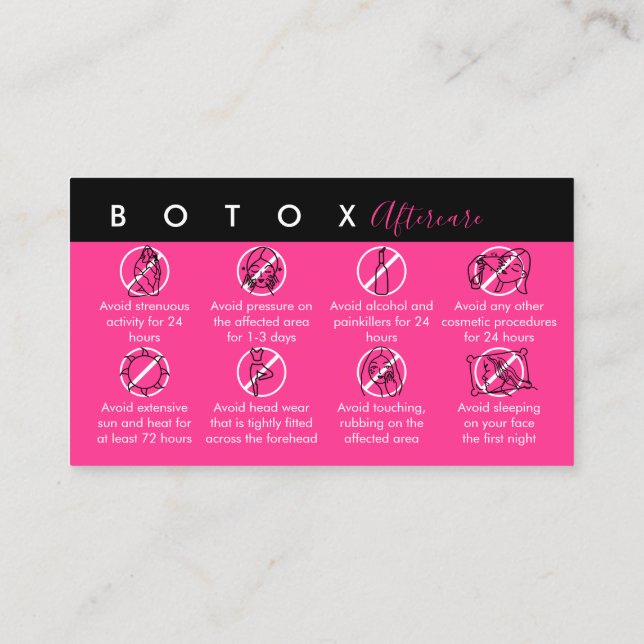 Carte De Visite Instructions de post-soins Neon Pink Botox (Dos)