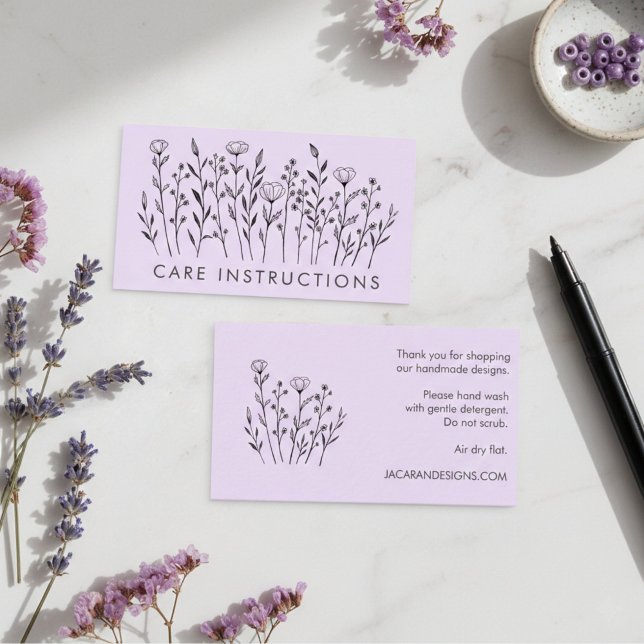 Carte De Visite INSTRUCTIONS DE SOINS Chic Elegant Fleur sauvage L (CARE INSTRUCTIONS Chic Elegant Wildflower Lavender Business Card
)