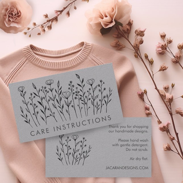 Carte De Visite INSTRUCTIONS DE SOINS Chic Elegant Fleur sauvage L (Custom "care instructions" business card with wildflower line art)