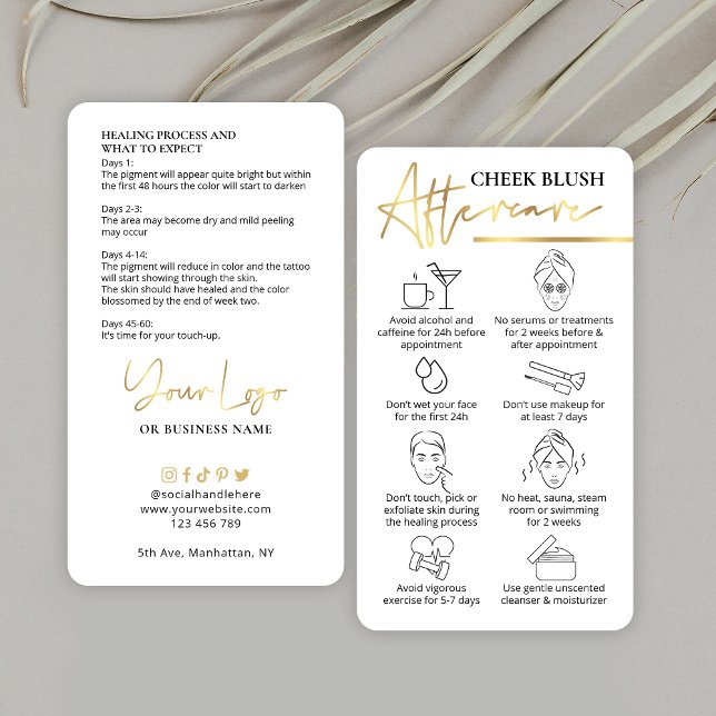 Carte De Visite Instructions de soins de broyage à la joue Métallu (Trendy & chic Cheek Blush Aftercare instructions cards with faux gold effects & space for your logo)