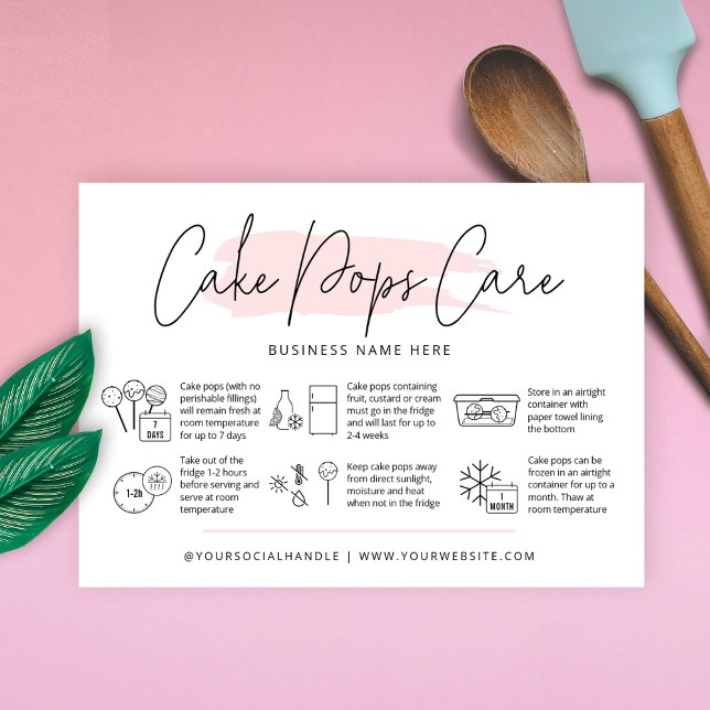 Carte De Visite Instructions de soins des pâtisseries Aquarelle ro (Blush pink watercolor cake pops care cards with icons and space for your logo and thank you note)