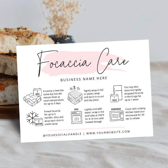 Carte De Visite Instructions de soins Focaccia Pain d'aquarelle ro (Modern focaccia care cards with icons, modern script font and pink watercolor and your logo)