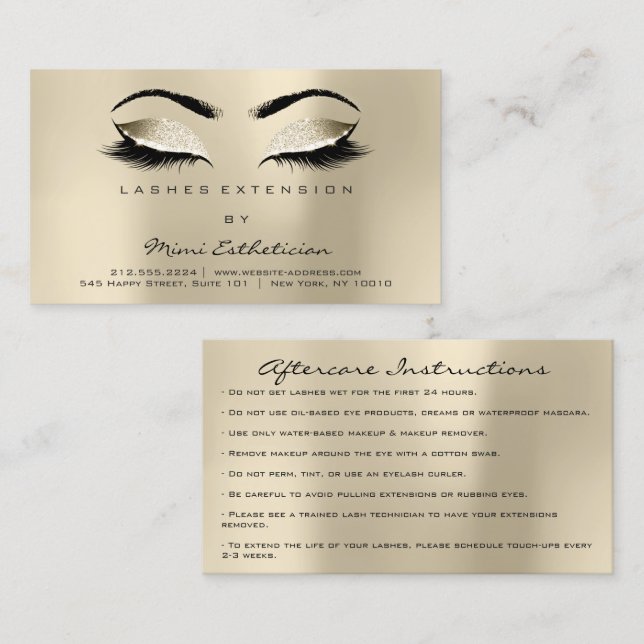Carte De Visite Instructions de soins postérieurs Lashes Champaign (Devant / Derrière)