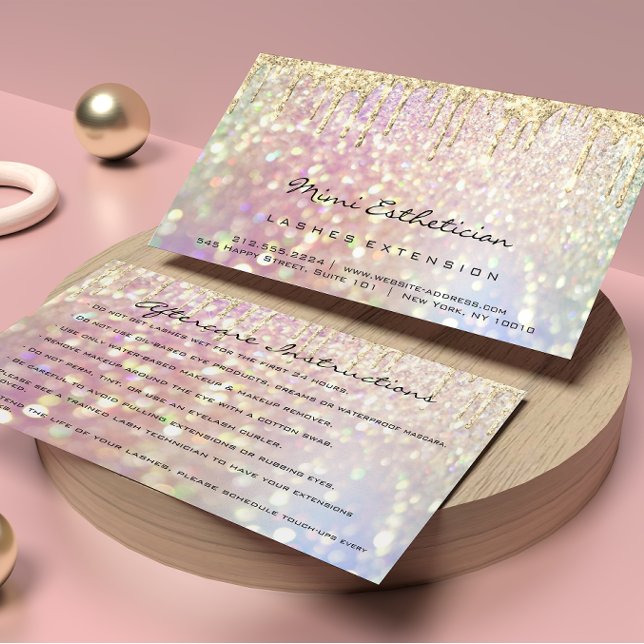Carte De Visite Instructions de suivi Lash Rose Parties scintillan (Aftercare Instructions Lash Rose Gold Drip Glitter Business Card)