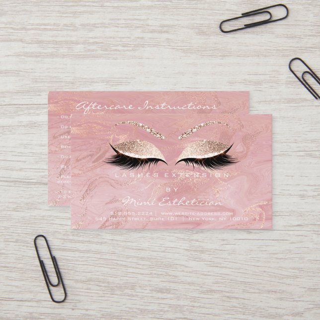 Carte De Visite Instructions de suivi Lashes Studio Marbre rose (Devant/Arrière en situation)