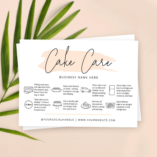 Carte De Visite Instructions pour l'entretien des gâteaux Aquarell (Cake care instructions business cards in light beige color, featuring care icons and trendy fonts)